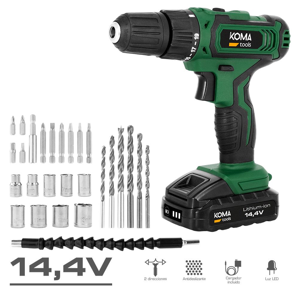 KIT TALADRO ATORNILLADOR A BATERIA, 27 ACCESORIOS
