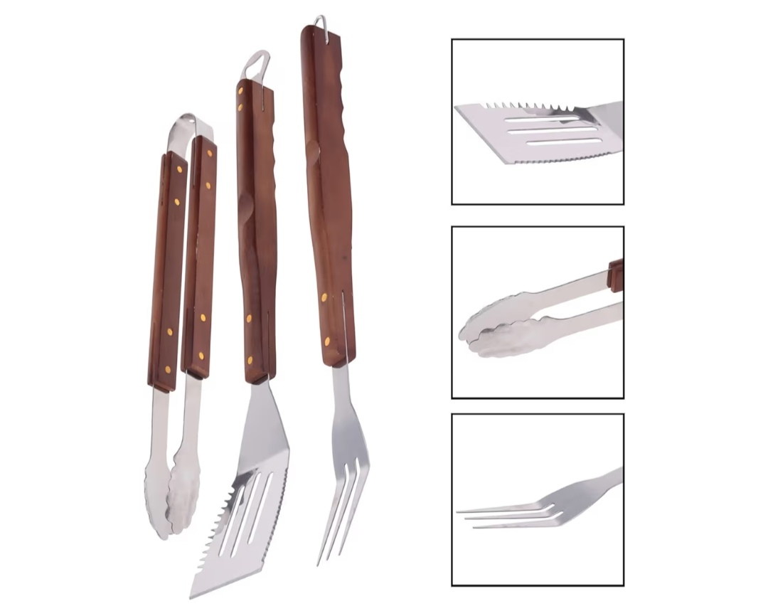 BBQ Set 3 Piezas Utensilios Barbacoa en Acero Inoxidable y Madera - Imagen 5