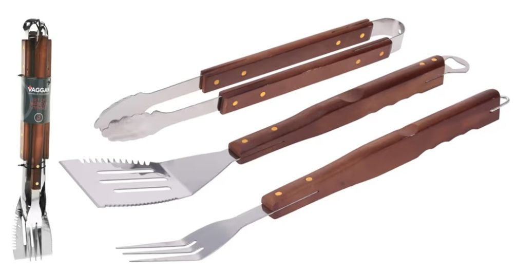 BBQ Set 3 Piezas Utensilios Barbacoa en Acero Inoxidable y Madera - Imagen 2